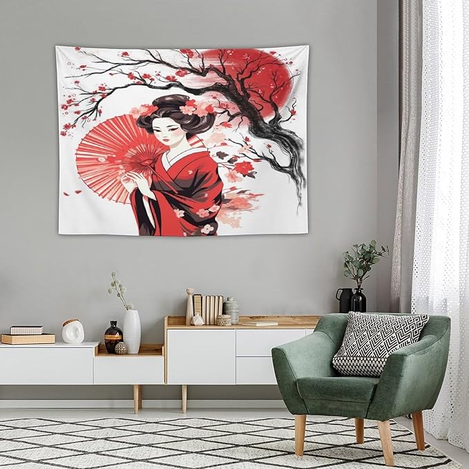 Japanese Red Geisha Tapestry Asian Cherry Blossom Traditional Kimono Folk Tapestries Home Decor for Living Room Bedroom Apartment Farmhouse Dorm 40"x30"-Ruum Studio Home