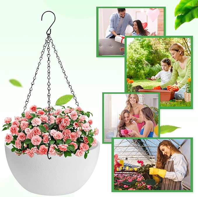13 inch Hanging Planters for Indoor Plants, 2 Pack Planters for Outdoor Plants with Drainage Holes and Chain, Round Plastic Hanging Baskets, Hanging Flower Pots for Balcony Garden Decor-White-Ruum Studio Home