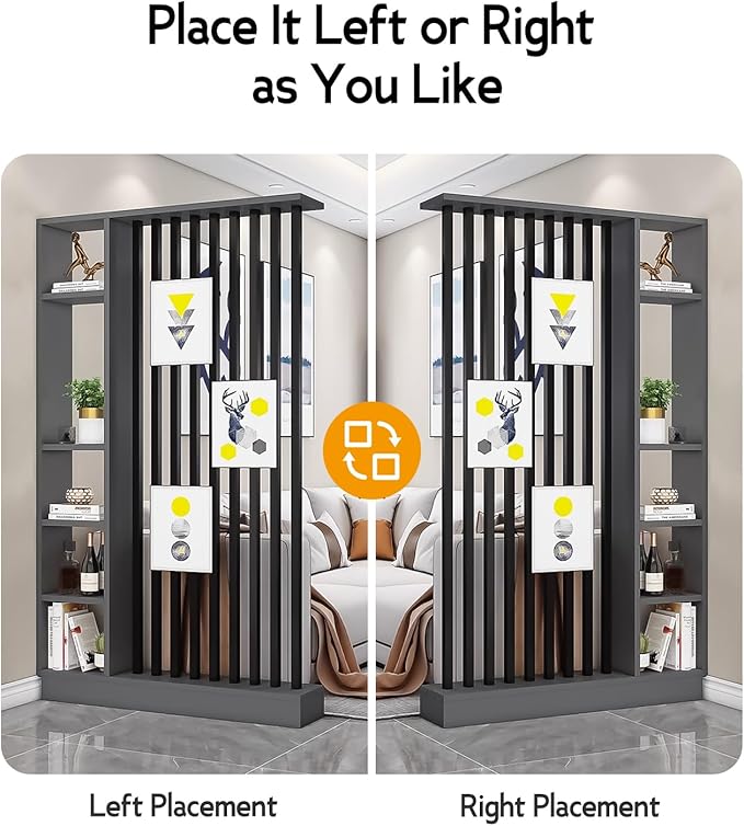 Wall Room Divider, Storage Cabinet Storage Display with Shelves, Modern Freestanding Wood Room Divider Screen, Wall Privacy Screens for Home Decorative (Grey+Black,47" L x 9.5" W x 79.5" H)-Ruum Studio Home