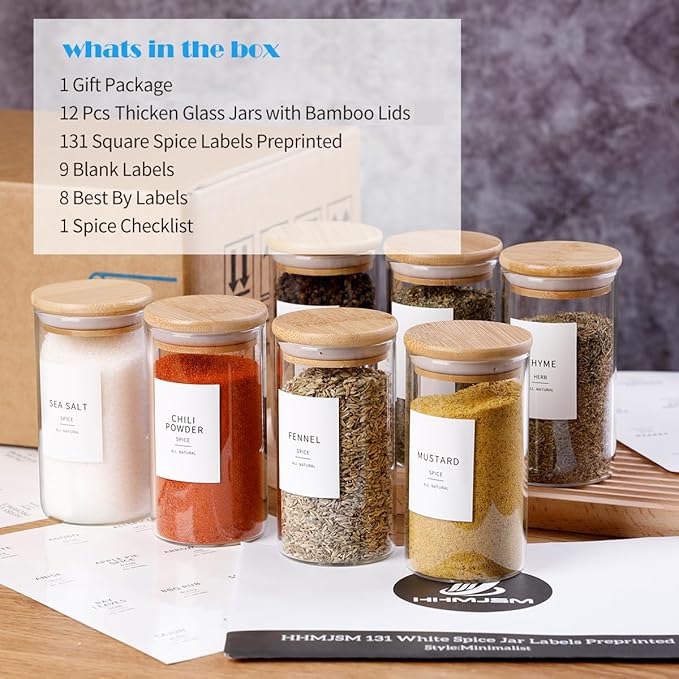 12 Pcs Glass Spice Jars With Bamboo Airtight Lids, 10oz Thicken(2.4mm) Spice Containers With 148 Minimalist Preprinted Waterproof Spice Labels, Kitchen Empty Small Storage Jars For Seasoning, Herb-Ruum Studio Home