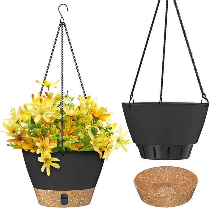 ZMTECH 10 Inch Hanging Planters for Outdoor Plants, Hanging Pots for Plants Indoor with Visible Water Level, Hanging Flower Basket with Drainage Holes & Removable Tray(2 Pack, Gray)-Ruum Studio Home
