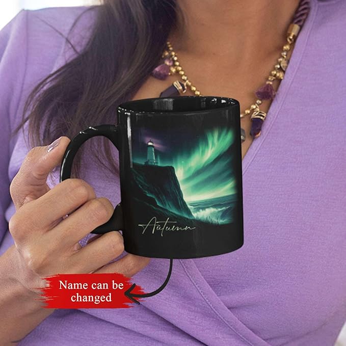 Customized Name Black Coffee Mug, Personalized Beautiful Northern Lights And Lighthouse Mug, Custom Mystical Ocean View Ceramic Cup, Gift For Women Men, Nature Themed Mug 11oz 15oz-Ruum Studio Home