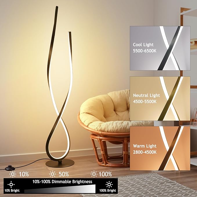 NUÜR Spiral Floor Lamp, 59" Tall Black LED Modern Standing Floor Lamp with Remote Control, Arched Bright Floor Lamps for Living Room Bedroom Office Home (Spiral Floor Lamp)-Ruum Studio Home