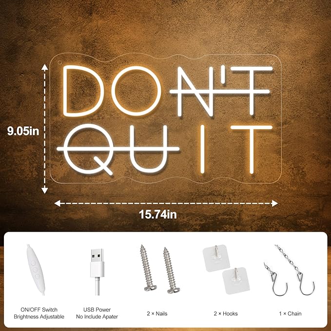 Don't Quit LED Neon Sign for Wall Decor, DO IT Neon Lights Party Decorations, USB Powered Switch Neon Lights lighting adjustable for Office Room, Gym Room, Man Cave, Gamer Room-Ruum Studio Home