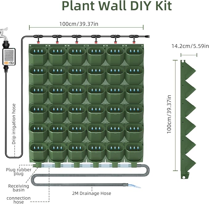 Self Watering Wall Mounted Vertical Planter, 36 Pots Wall Planter Indoor Vertical Living Green Plant Wall Easy Installation (Green with Timing System)-Ruum Studio Home