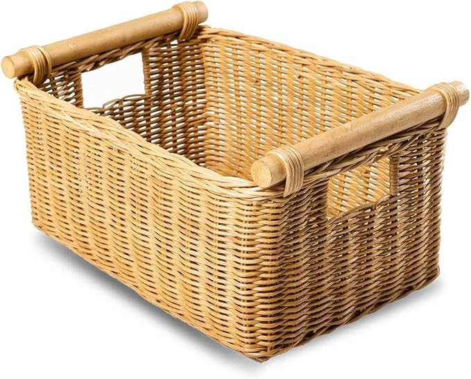 The Basket Lady Pole Handle Wicker Storage Basket, Small, 14 in L x 10 in W x 7.5 in H, Sandstone-Ruum Studio Home