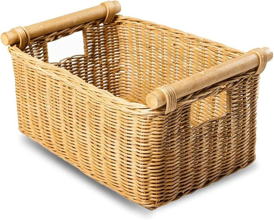 The Basket Lady Pole Handle Wicker Storage Basket, Small, 14 in L x 10 in W x 7.5 in H, Sandstone-Ruum Studio Home