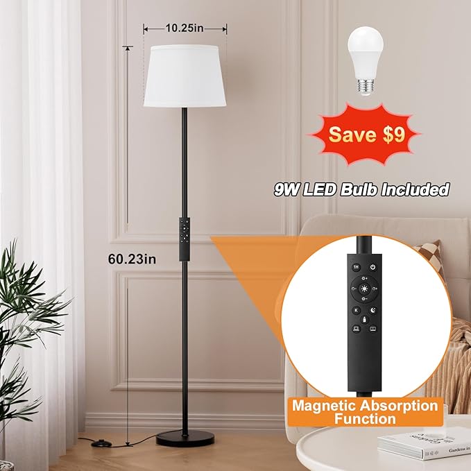 Modern Floor Lamp with Adjustable Brightness, Remote Control, Black, LED Bulbs, White Shade, Foot Switch, Easy Assembly-Ruum Studio Home