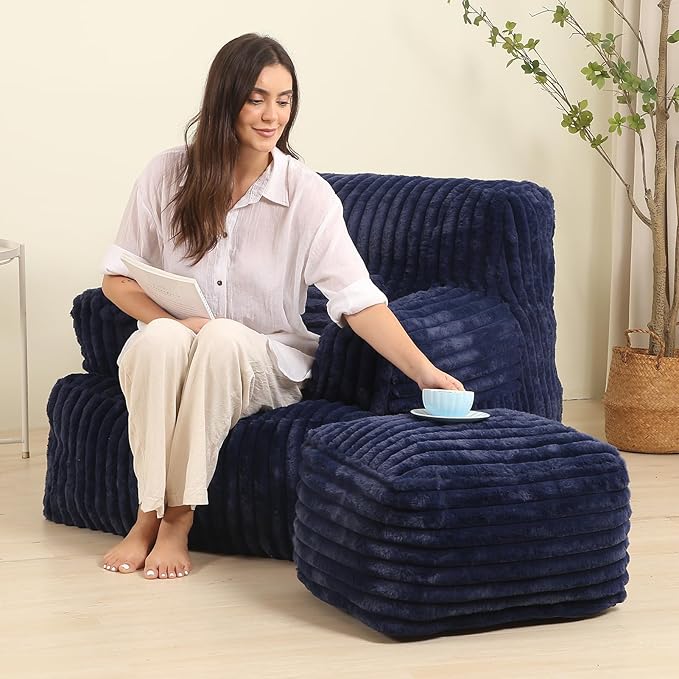 Comfy Gaint Bean Bag Chair with Ottoman, Fluffy Huge Bean Bag Armchair for Adults and Teens, Dark Blue-Ruum Studio Home