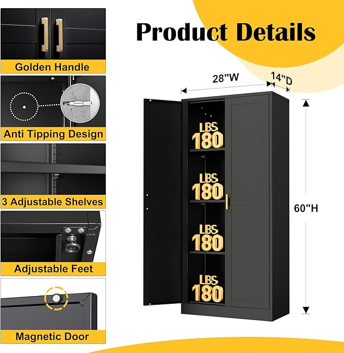 Kitchen Cabinet Storage,60”Metal Pantry Cabinet with Doors and 3 Adjustable Shelves,Food Pantry Cabinets with 2 Gold Handles,Black Tall Storage Cabinet for Livingroom,Pantry,Bathroom,Kitchen-Ruum Studio Home