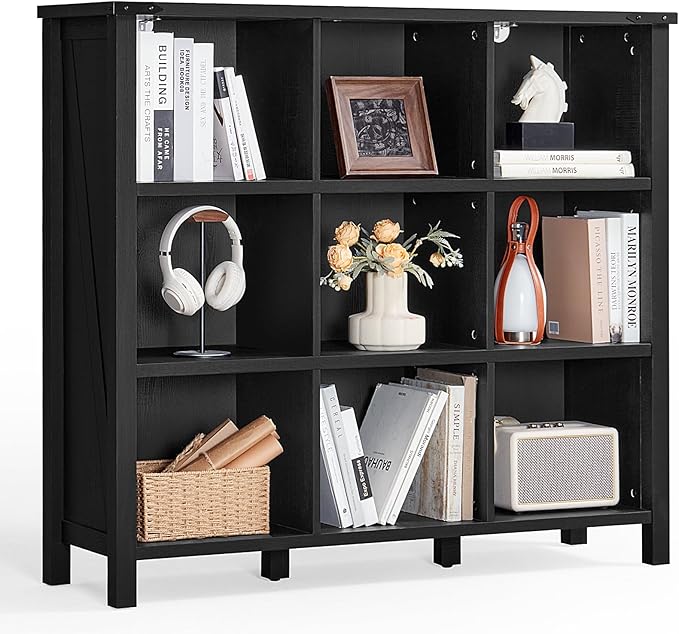 9 Cube Bookcase, Farmhouse 47 Inch Wide Black Bookshelf, Wooden 3 Tier Display Large Open Book Shelf, Vintage Horizontal Book Case for Home Office, Cubby Storage Cabinet for Living Room-Ruum Studio Home