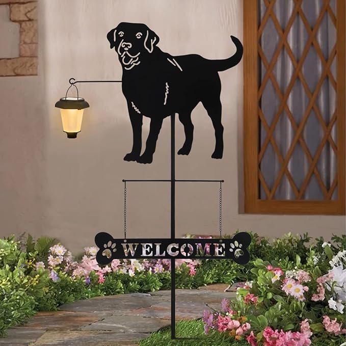 BAYN Solar Labrador Silhouette Dog Breed Welcome Sign with a Lantern Outdoor Decorative Garden Stakes for Yard, Lawn, Patio, Pathway-Ruum Studio Home