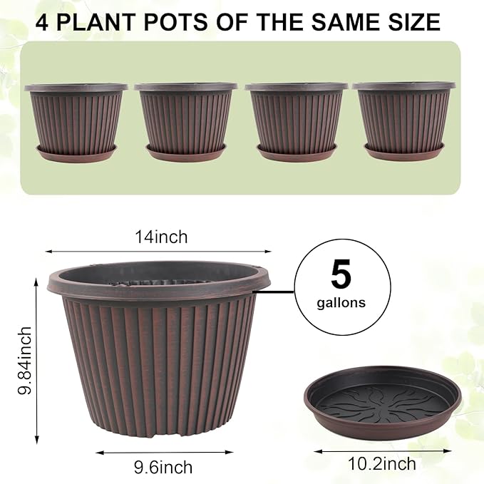 Large-Planter-Indoor-Outdoor Plant Pots, 14 inch 4 Pack Plastic Flower Pots with Saucer And Drainage Holes, Modern Garden Planters For Planting Medium Large Plants， Decorative Resin Garden Pots-Ruum Studio Home