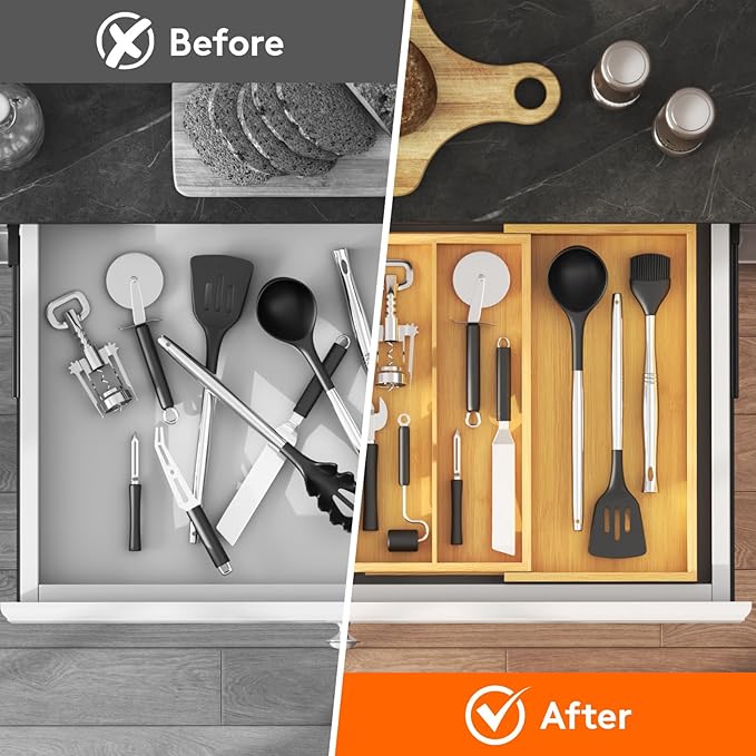 Lifewit Utensil Drawer Organizer, Expendable Cooking Silverware Tray for Kitchen Drawer, Bamboo Adjustable Cutlery Flatware Holder, Spatula Tools and Gadgets Storage Divider, 3 Compartments, Natural-Ruum Studio Home
