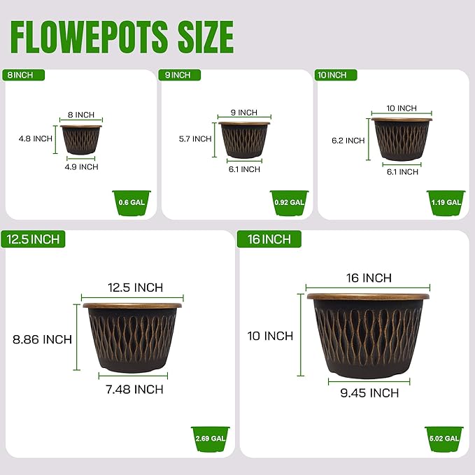 6 Pack 8 Inch Retro Plant Pots, Vintage Striped Flower Pots with Drainage Hole & Saucer, Large Plastic Planters for Indoor and Outdoor Plants, Decorative Garden Pots(Gold)-Ruum Studio Home