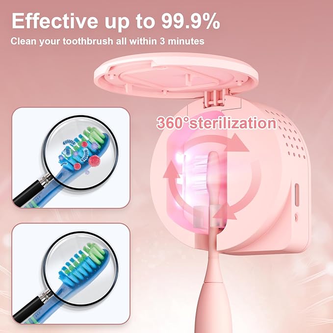 UV Toothbrush Sanitizer Holder, Toothbrush Sanitizer and Holder Cover Caps with Fan Drying, Rechargeable Portable Toothbrush Cleaner Case Fits Most Electric and Manual Toothbrushes (Pink)-Ruum Studio Home
