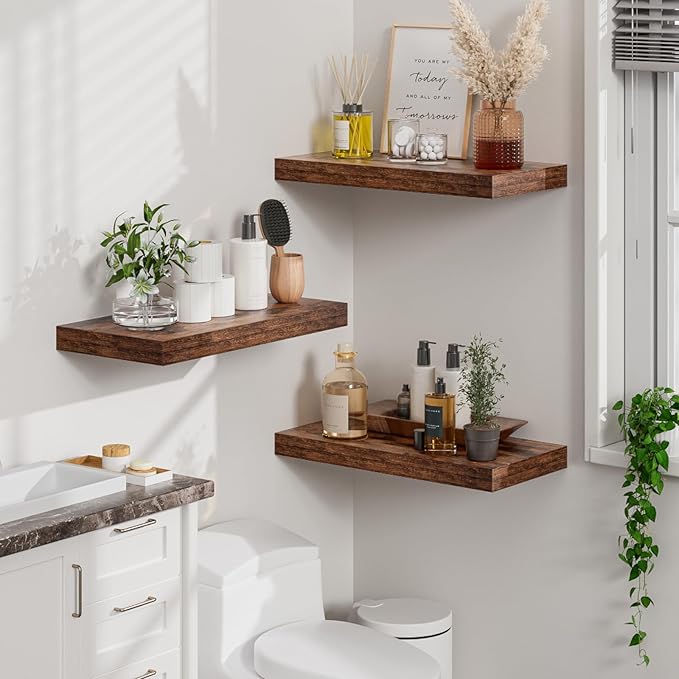 Heimlove 12" Deep Floating Shelves for Wall, 24 Inch Wall Shelf Bathroom Shelves Set of 2, Wall Mounted Shelves for Books Living Room Laundry Room Bedroom Kitchen Home Office, Rustic Brown-Ruum Studio Home