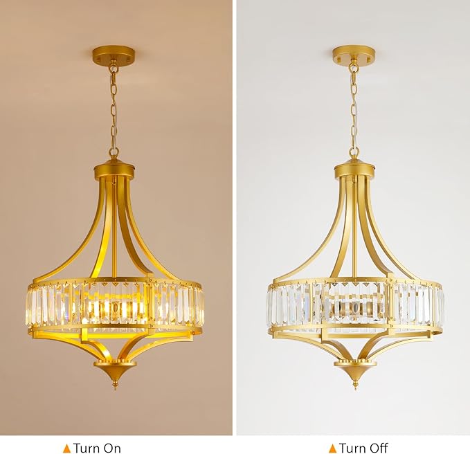 Modern Gold Crystal Chandelier, 20 Inch Large Ceiling Pendant Light Fixture with 50'' Adjustable Hanging Chain, 5-Light Farmhouse Chandelier for Dining Room, Living Room, Bedroom, Entryway-Ruum Studio Home