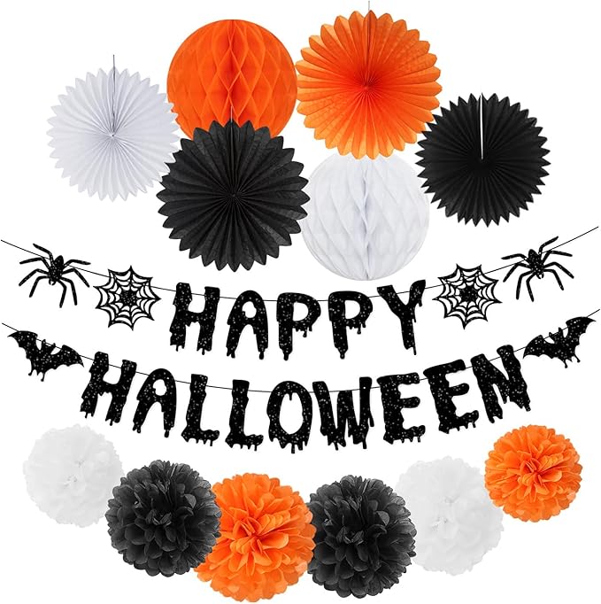 Orange Black Happy-Halloween Party Decorations - 13PCS Spider Web Bats Streamers Banner ,Paper Flowers Lanterns Tissue Pom Poms Fans, Classroom Birthday Bachelorette Hanging Supplies Decor Hugfond-Ruum Studio Home