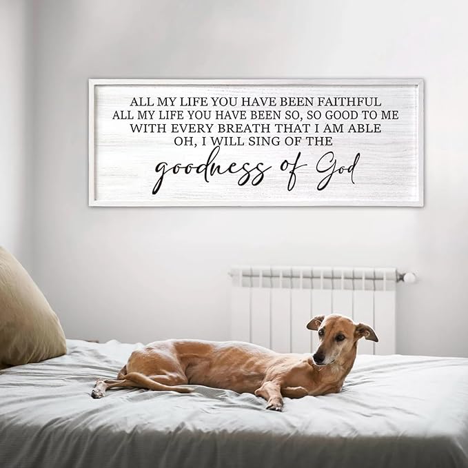 Goodness of God Framed Wall Art, 40''×15'' Positive Religious White Bible Verse for Christian God Jesus Christ Prayer, Vintage Rustic Long Holy Catholic Scripture Decor-Ruum Studio Home