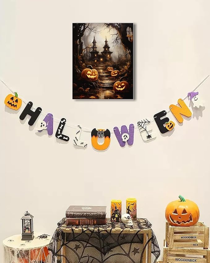 AbcCustomize Halloween Canvas Wall Art - Spooky Haunted House & Eerie Pumpkins Poster, Gothic Fall Decorations for Home, Vintage Halloween Decor Indoor for Living Room, Bedroom & Party-Ruum Studio Home