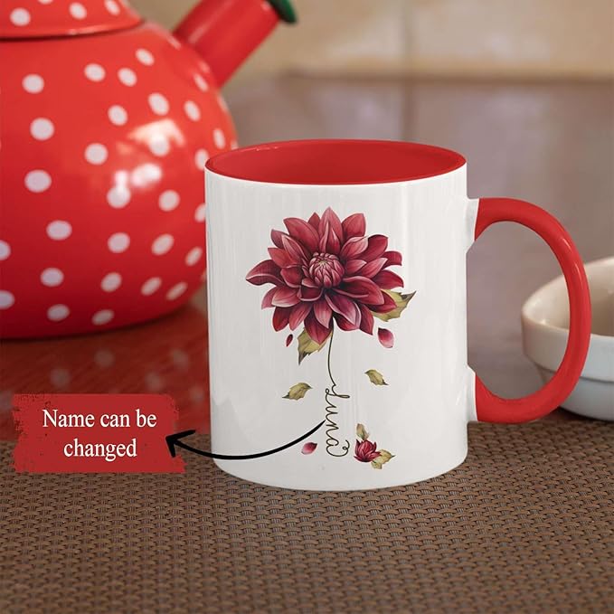 Dahlia Flower Design Coffee Mug, Personalized Name On Red Floral Cup, Custom Ceramic Mug For Flower Lovers, Customized Dahlia Accent Cup 11oz Or 15oz, Floral Decorative Mug Gift-Ruum Studio Home