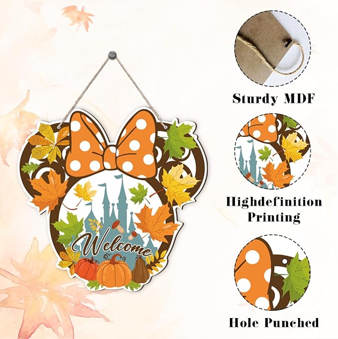 Fall Mouse Welcome Door Sign, Wooden Maple Leaves Mushroom Hanging Decor for Front Door, Fall Wood Wreath Wall Decor for Autumn Harvest Thanksgiving Home Decorations, Housewarming Gift-Ruum Studio Home