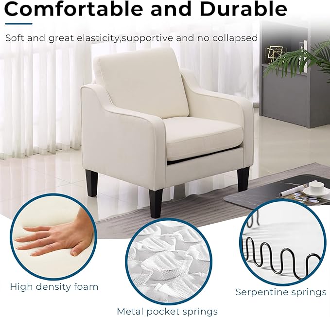 VINGLI Mid Century Modern Accent Chair, Beige Fabric Accent Chairs for Living Room Upholstered Armchair Sofa with Scooped Arms for Bedroom, Apartment, Studio, Office, Waiting Room-Ruum Studio Home