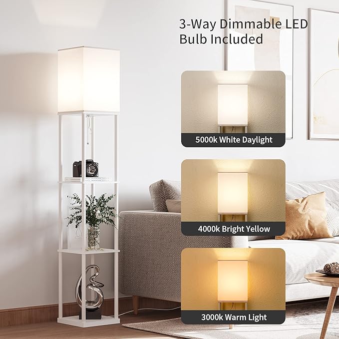 SUNMORY Shelf Floor Lamp with 3-Way Dimmable LED Bulb, Modern Square Standing Lamp with Shelves and White Shade, Corner Display Bookshelf Lamp for Living Room and Bedroom(White)-Ruum Studio Home