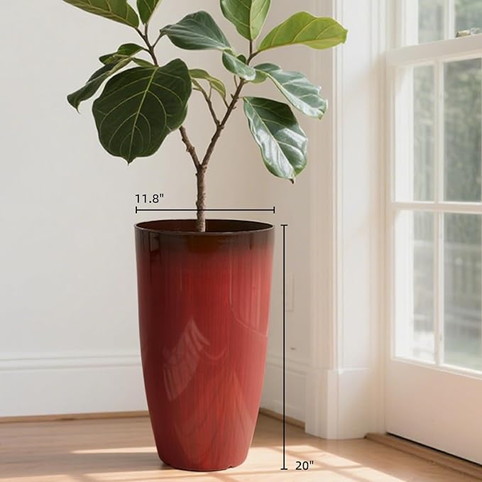 Worth Garden 20" H. Plastic Planters - Set of 2 Gradient Red Glossy Smooth Finish - Tall Plant Pots Drain Hole for Indoor Outdoor Use - Decorative Lightweight Flower Pots for Front Porch, Patio, Deck-Ruum Studio Home