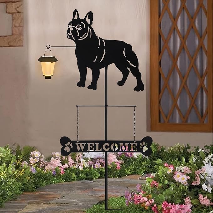 BAYN Solar French Bulldog Silhouette Dog Breed Welcome Sign with a Lantern Outdoor Decorative Garden Stakes for Yard, Lawn, Patio, Pathway-Ruum Studio Home