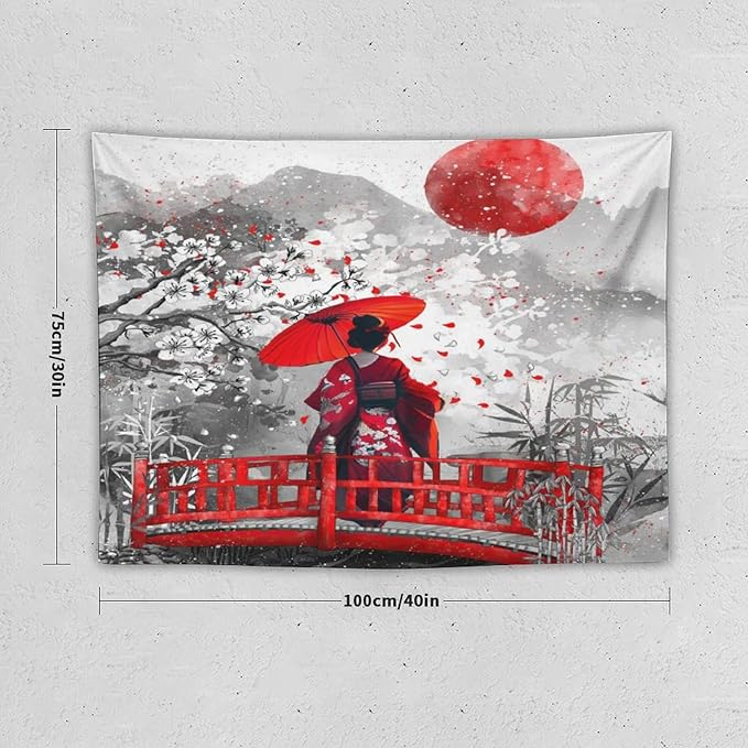 Japanese Red Geisha Tapestry Asian Cherry Blossom Red Sun Traditional Kimono Folk Tapestries Home Decor for Living Room Bedroom Apartment Farmhouse Dorm 40"x30"-Ruum Studio Home