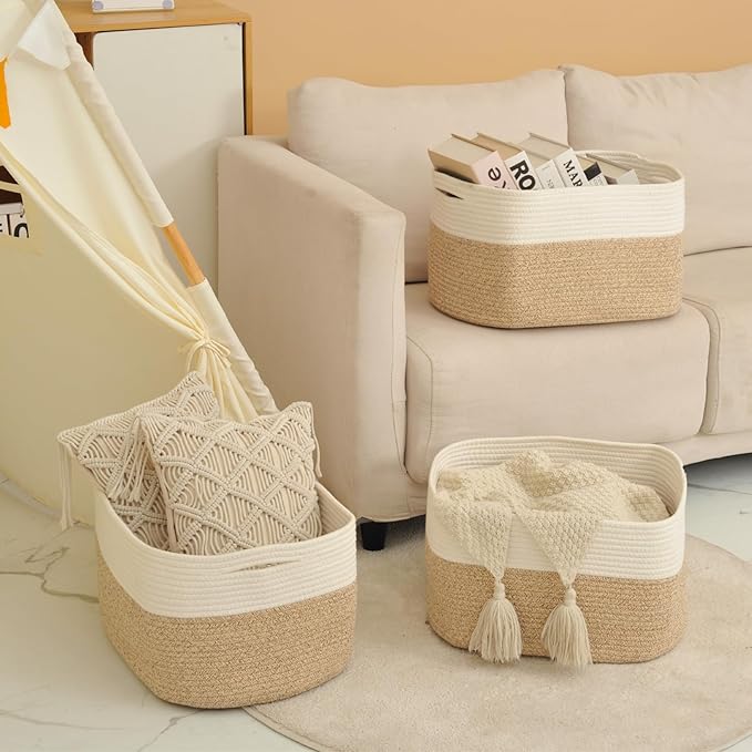 Large Storage Baskets for Organizing Shelves, Woven Cotton Rope Bins for Baby Nursery Organization, Book Toy Towel Organizer, 17"x13"x9.5", 3 Packs, Off White & Brown-Ruum Studio Home