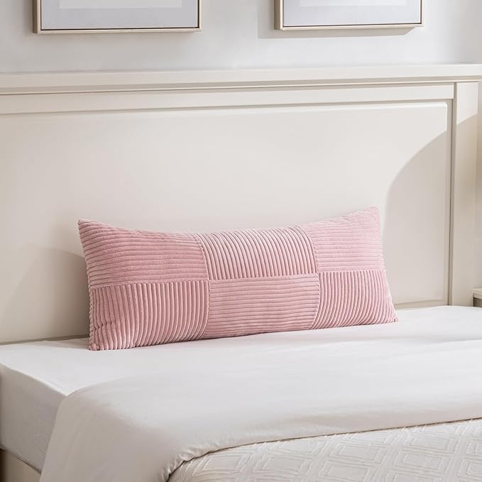 Fancy Homi Set of 2 Blush Pink Boho Long Lumbar Body Decorative Throw Pillow Cover 14x36 Inch for Bed Couch Bedroom Bench, Soft Patchwork Corduroy Textured Pillow Case, Rustic Farmhouse Room Décor-Ruum Studio Home