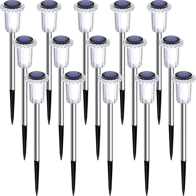 DenicMic Solar Lights Outdoor 15 Pack Waterproof 6000K Cold White LED Stainless Steel Stake for Pathway Yard Garden Driveway Solar Powered Outside Decor-Ruum Studio Home