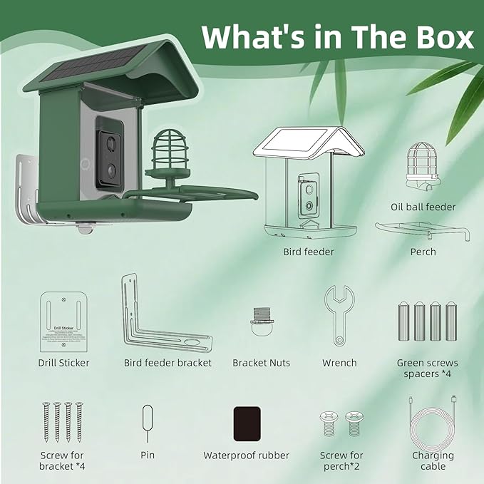 Smart Bird Feeder with Camera, AI Species Identify, Dual Solar Powered Birdfeeder Cam for Outside IP65 with 2.4GHz WiFi, 2K HD Auto Capture Birds Video for Bird Lover (Green)-Ruum Studio Home