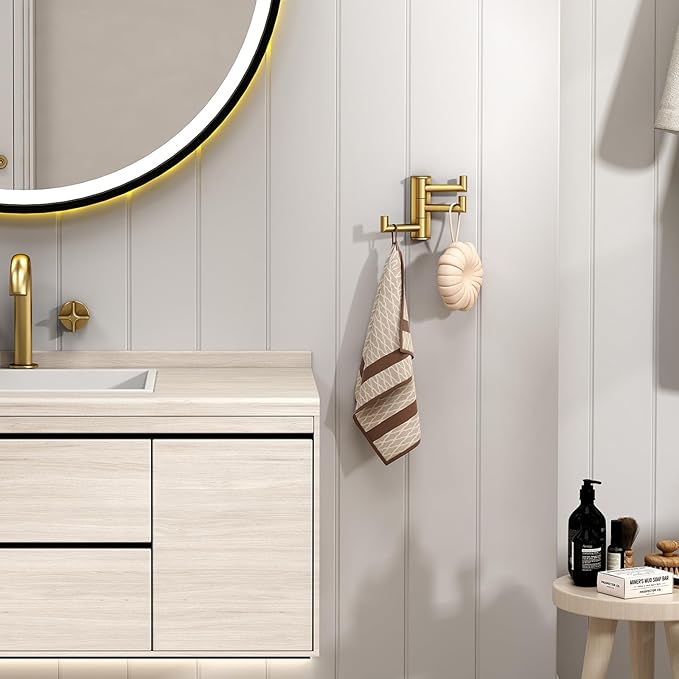 Angle Simple Towel Hooks Swivel, SUS 304 Stainless Steel 3 Arms Foldable Hand Towel Holder, Coat Hooks, Brushed Gold, 2 Pack-Ruum Studio Home