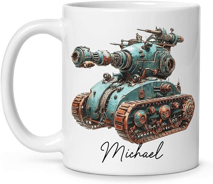 Personalized Unique Steampunk Tank Design Mug, Custom Mechanical Tank Art Coffee Cup 11oz, White Mug Gift For Mechanic Enthusiasts, Custom Name Ceramic Cup 11oz Or 15oz, Kids Mug-Ruum Studio Home