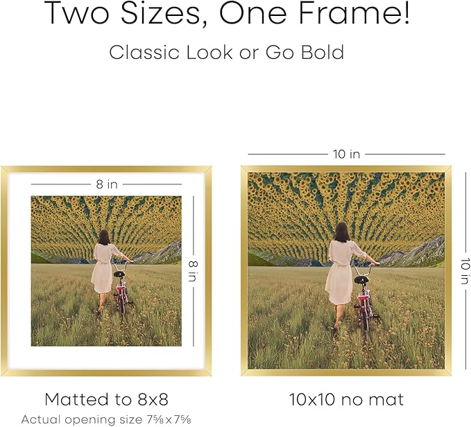 Homeforia Square 10x10 Gold Frame, High End Metal 10 by 10 Picture Frames with Mat 8 x 8, 10by10 Thin Poster Frame Matted to 8x8 inch Photo, Wall or Tabletop Frames, Tempered Glass, Wall Kit, Set of 1-Ruum Studio Home