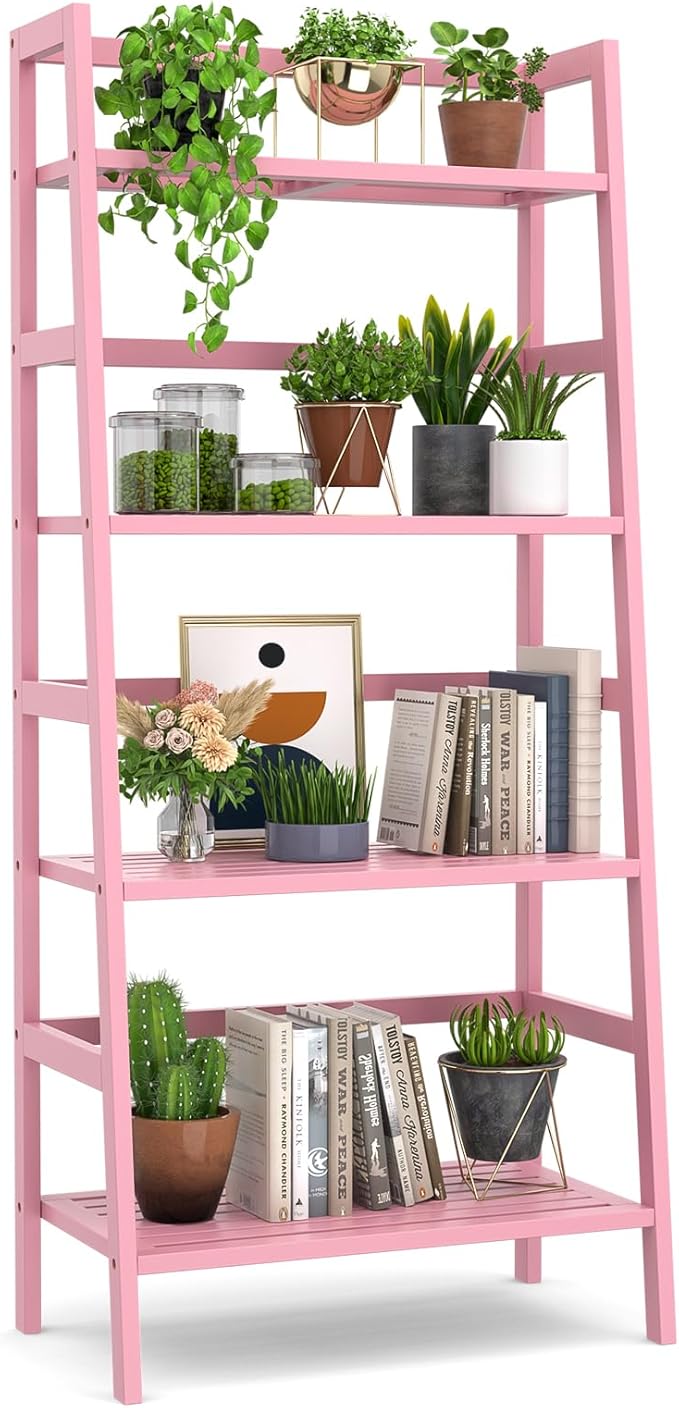 Homykic Bamboo Ladder Bookshelf, 4-Tier Ladder Shelf Open Book Shelf Freestanding Bookcase Bathroom Storage Rack Plant Stand for Living Room, Bedroom, Office, Easy Assembly, Pink-Ruum Studio Home