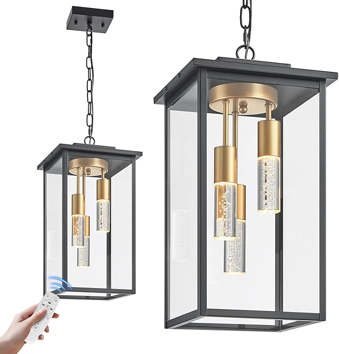 3-Color LED Outdoor Pendant Light with Remote, 3-Light 19" Large Outdoor Chandelier for Porch, Black Gold Exterior Pendant Lighting Fixtures Ceiling Mount Pendant Lantern for Patio Front Door-Ruum Studio Home