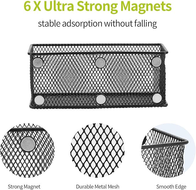 Neudeco Locker Shelf Organizer, Magnetic Pencil Holder, Metal Storage Basket for Whiteboard, Refrigerator, Ideal Cabinet for School, Black (Pack 3M)-Ruum Studio Home