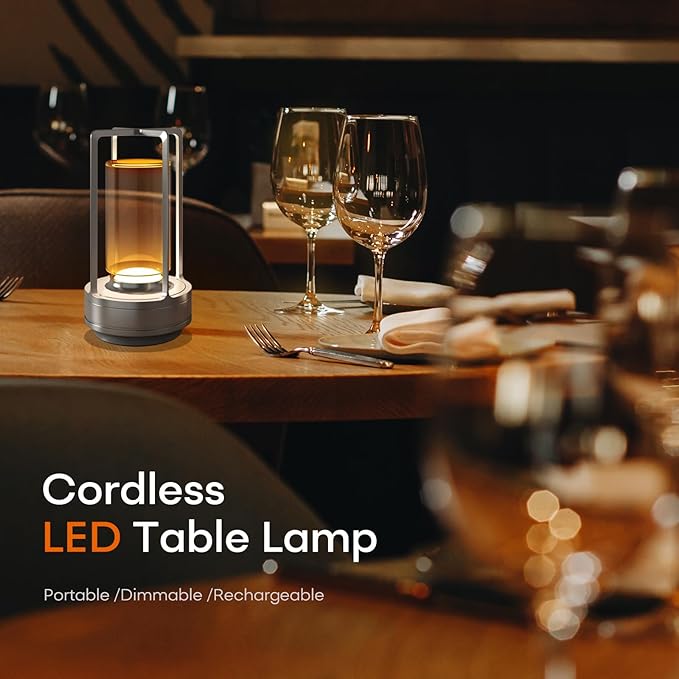 Portable Metal Table Lamp for Indoor/Outdoor ,Rechargeable Cordless LED Lamp, 3-Colour Infinitely Dimming Battery Powered Small Desk Lamp, Restaurant/Bedroom/Bar/Coffee/Camping Light (Sliver Set of 2)-Ruum Studio Home