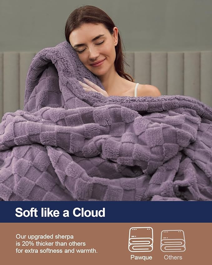 Pawque Super Soft Cozy Throw Blanket for Couch Sofa Bed - Fluffy Sherpa Fleece Reversible Thick Warm Fuzzy Blanket for All-Season, 3D Checkered Jacquard Elegant Decorative Blankets, Purple, 50" x 60"-Ruum Studio Home