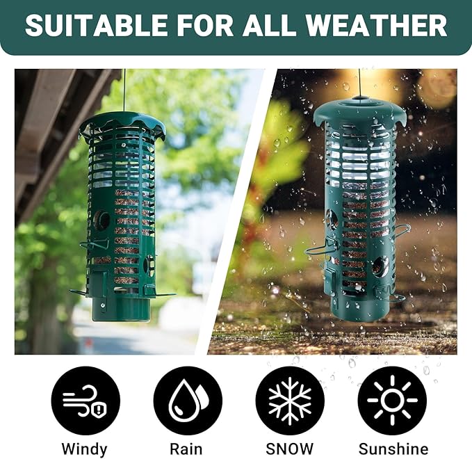 Squirrel Proof Bird Feeder Metal Mesh for Outdoors Hanging,Weight Activated Weatherproof Wild Bird Feeders with Finch Cardinal Chickadee,Large Capacity(Green)-Ruum Studio Home