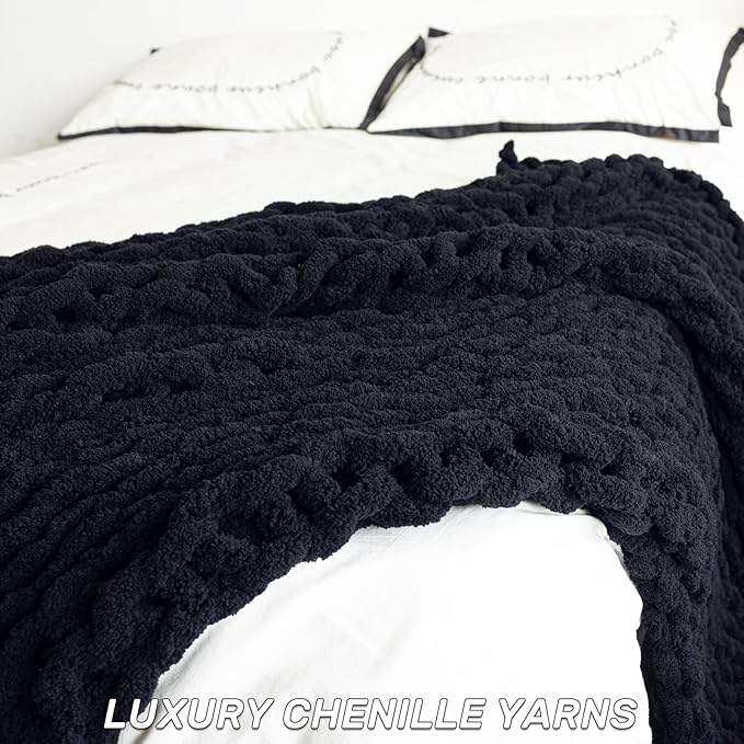 Chunky Knit Blanket - Luxury Soft Cozy 50 * 60 Throw Blanket,100% Woven Blanket Rope Knot Throw Blanket for Couch, Sofa, Home Decor, Gift - Machine Washable（Black）-Ruum Studio Home