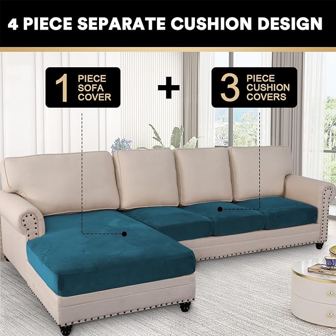 PrinceDeco Sectional Couch Covers 4 Pieces Couch Covers for Sectional Sofa Velvet Separate Sectional Couch Covers L Shape for Left/Right Chaise Sectional Couch(3 Seater + 1 Chaise,Deep Teal)-Ruum Studio Home