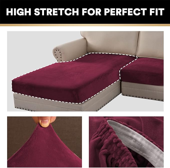 PrinceDeco Sectional Couch Covers 3 Pieces Velvet Sofa Covers L Shape Soft Couch Covers for Sectional Sofa Corner Sofa Cover Couch Cover for Dogs Washable (2 Seater + 1 Chaise,Burgundy)-Ruum Studio Home