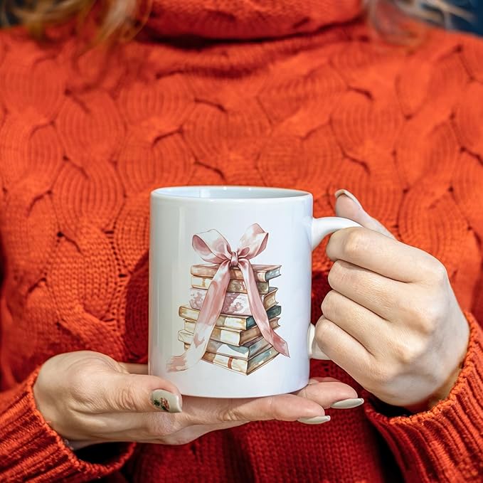 JINYO Coquette Pink Bow Books Mug, Book Coffee Cup, Reading Mugs for Book Lovers, Gifts for Readers Books Lovers Women, Bookish Bookworm Gifts for Women, Ceramic Coffee Tea Mug 11 oz-Ruum Studio Home