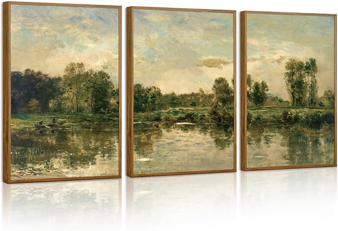 Tinonedraw Vintage Landscape Framed Canvas Wall Art Set of 3, French Country Art Prints, Nature Green Trees and Lake Art Paintings, Rustic Aesthetic Wall Decor for Living Room Bedroom Office 16"x24"x3-Ruum Studio Home